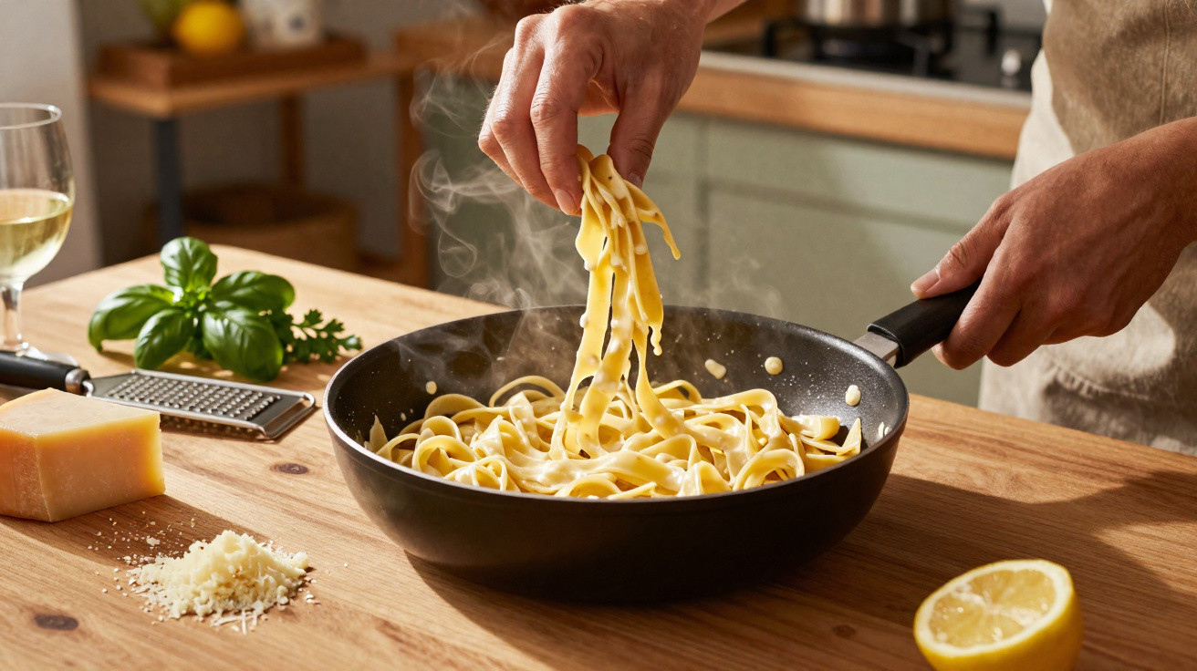 Pessoa a cozinhar fettuccine numa frigideira numa cozinha com ingredientes frescos numa mesa de madeira.