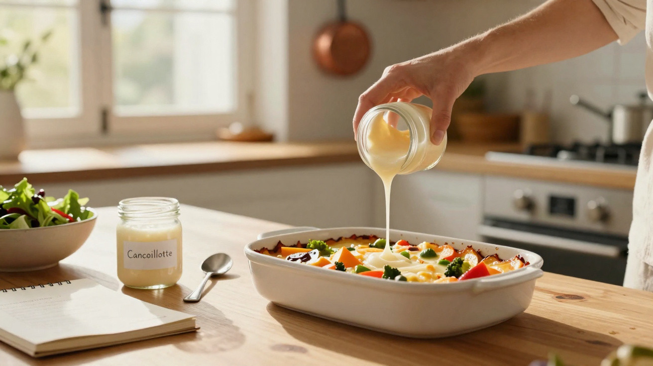 Pessoa a verter molho cremoso numa travessa com legumes numa cozinha luminosa.