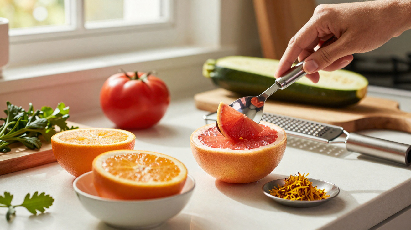 Mão a retirar a polpa de toranja com colher numa cozinha com frutas e legumes no balcão.