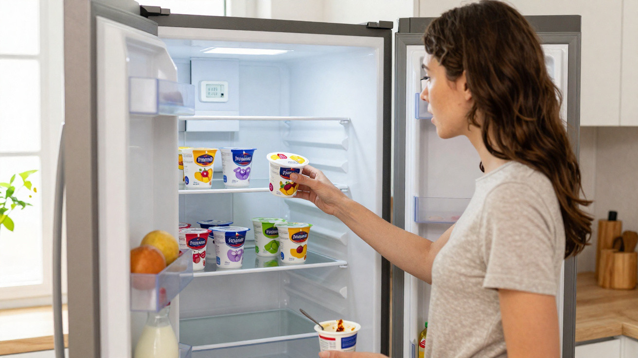 Mulher a retirar iogurte do frigorífico numa cozinha moderna e luminosa.