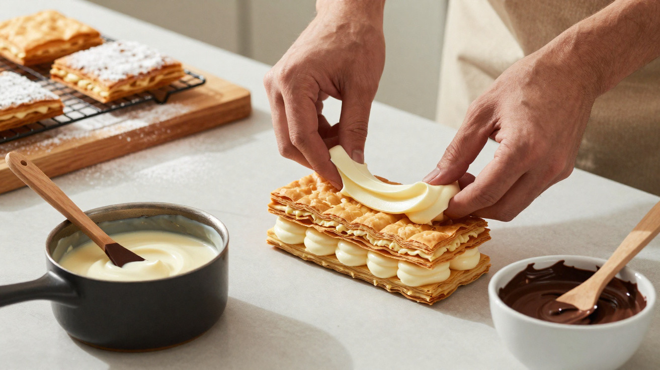 Mãos a montar sobremesa de massa folhada com creme, com tigelas de creme e chocolate ao lado.