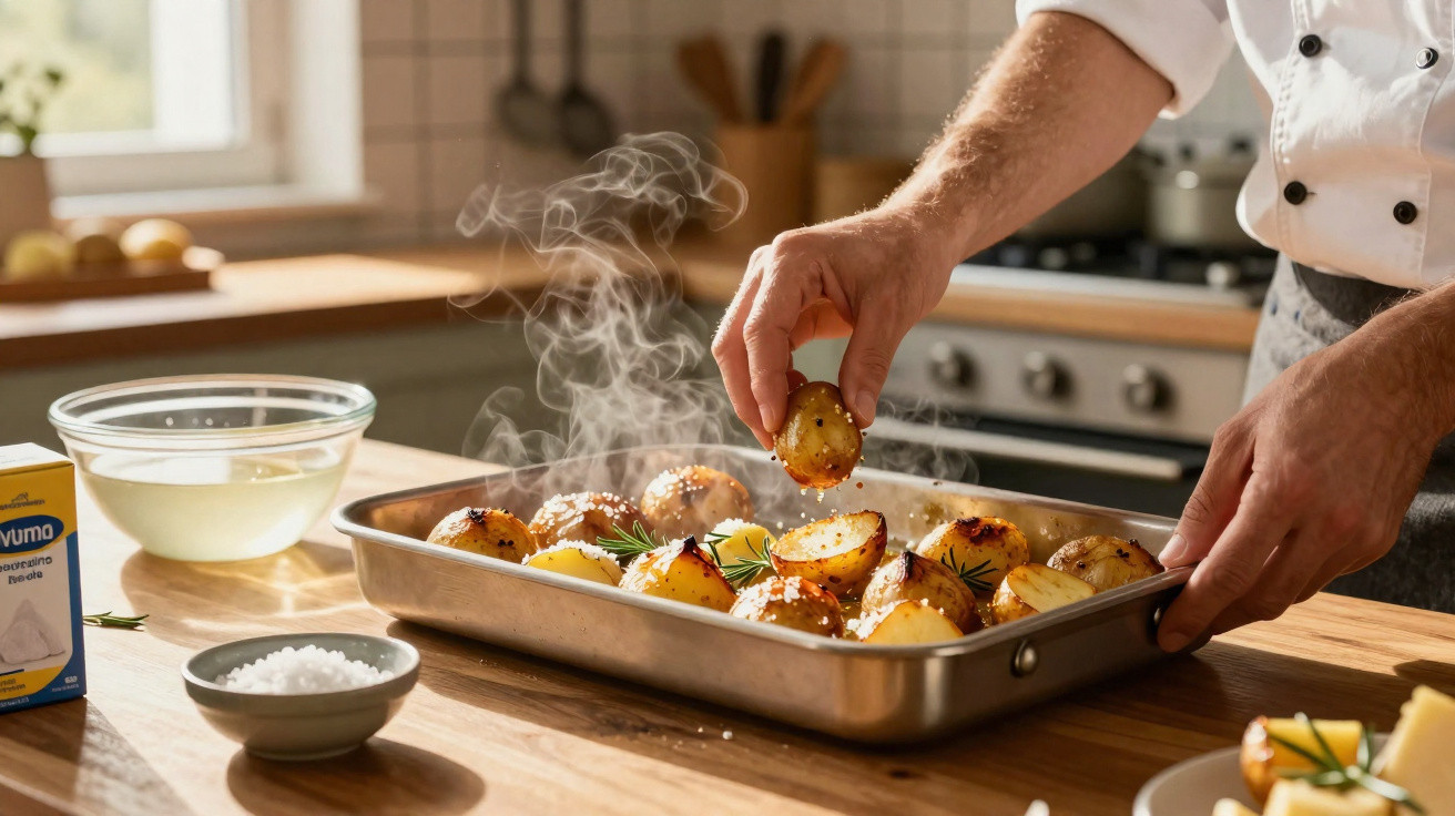 Chef tempera batatas assadas fumegantes numa forma de inox numa cozinha iluminada.