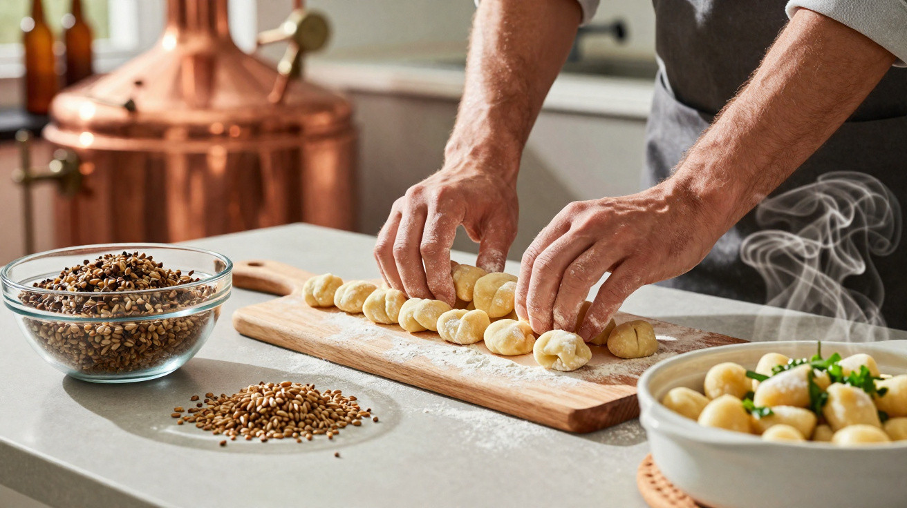 Chef a enrolar massa de nhoque numa tábua de madeira, com ingredientes numa bancada de cozinha.