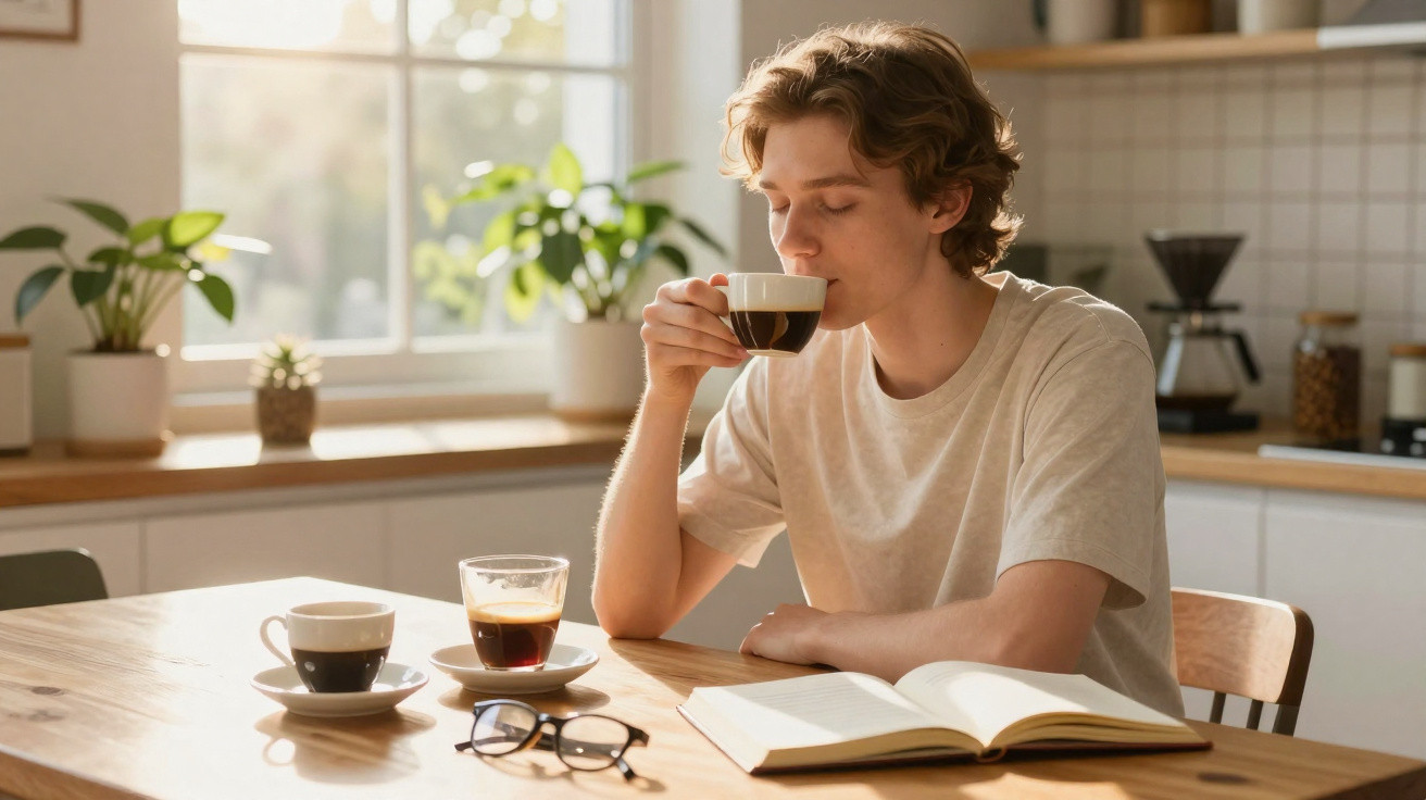 Jovem sentado à mesa da cozinha a beber café, com livro aberto e óculos à frente.