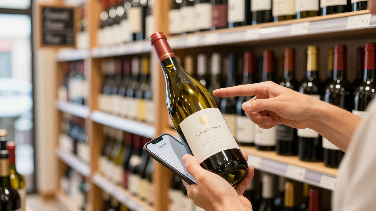 Pessoa a apontar para garrafa de vinho numa prateleira de loja, com telemóvel na outra mão aberta numa app.