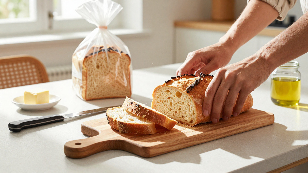Mãos a cortar pão caseiro numa tábua de madeira numa cozinha com manteiga e azeite ao fundo.