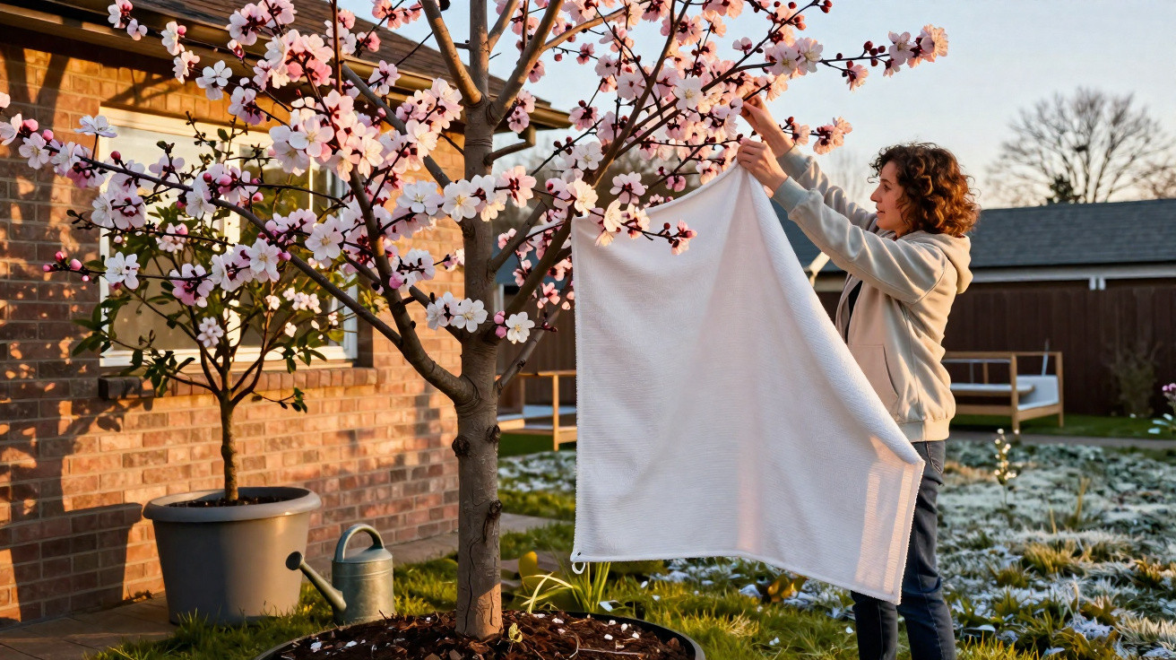 Mulher a pendurar um cobertor branco numa árvore com flores cor-de-rosa num jardim ao pôr do sol.