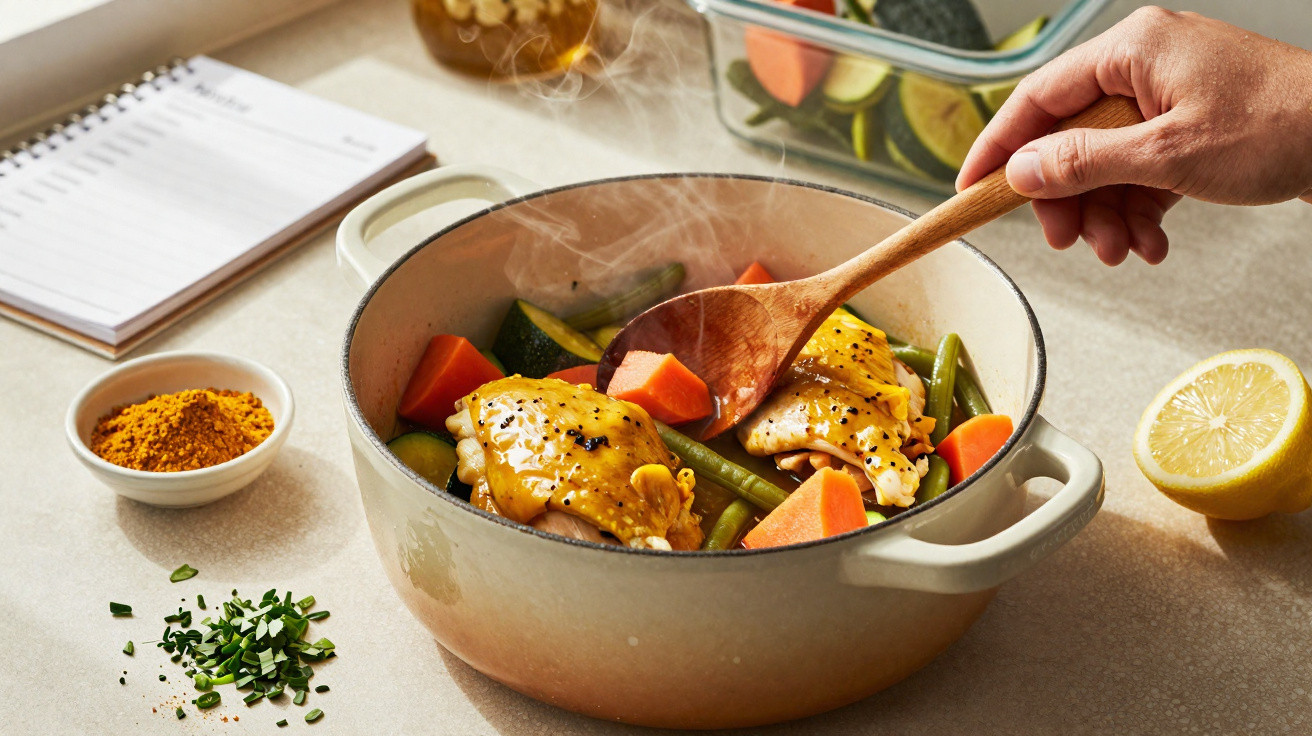 Panela de ferro com frango, legumes e temperos sendo mexida com colher de madeira.