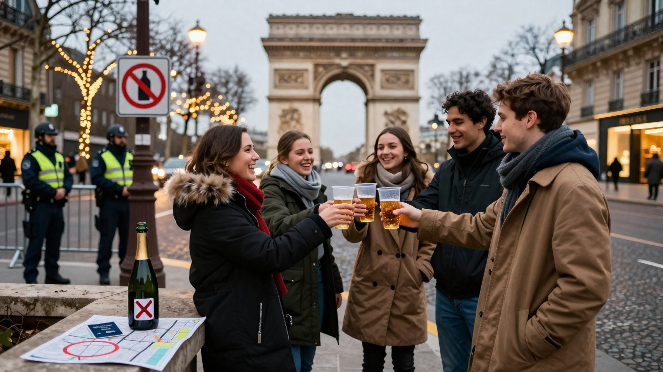 Grupo de jovens a brindar com copos de cerveja perto do Arco do Triunfo, Paris, durante o inverno.