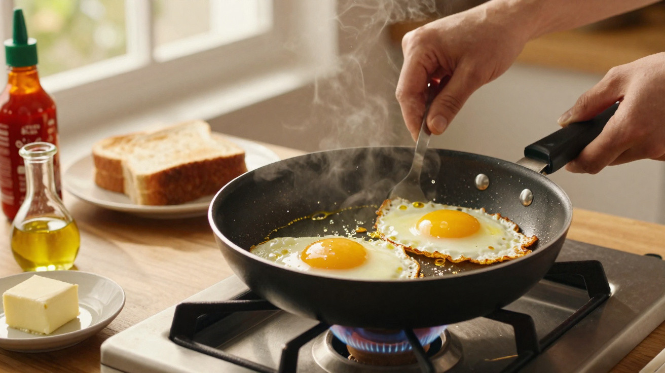 Mãos a cozinhar dois ovos estrelados numa frigideira em fogo de fogão na cozinha, com torradas ao fundo.