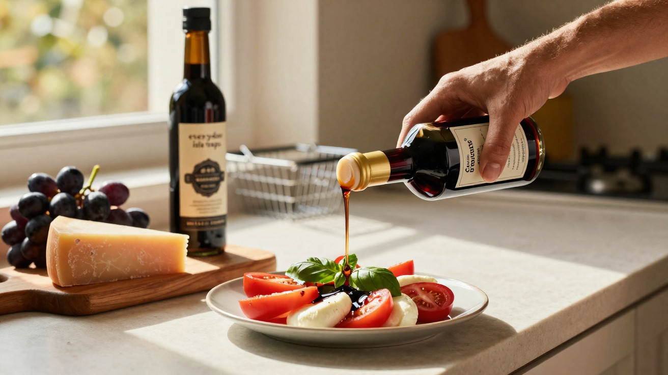 Pessoa a deitar vinagre balsâmico numa salada de tomate, mozarela e manjericão num prato branco.