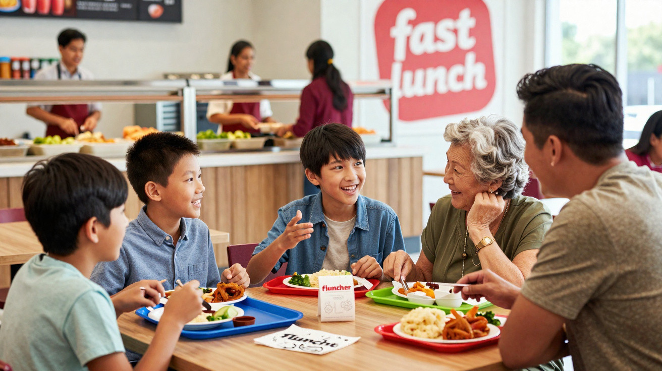 Família multigeracional a comer numa cantina moderna com cardápio de fast food saudável.