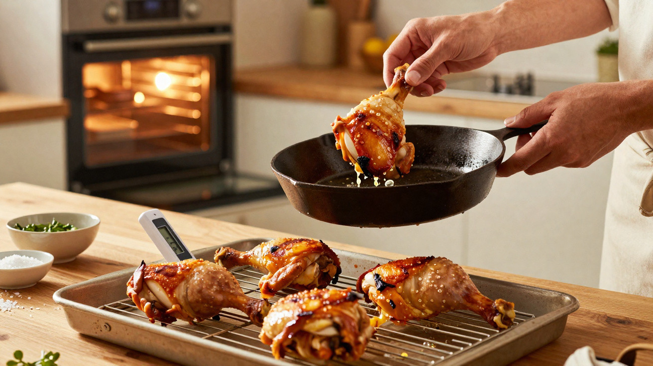 Pessoa a retirar coxas de frango assadas de frigideira para tabuleiro na cozinha.