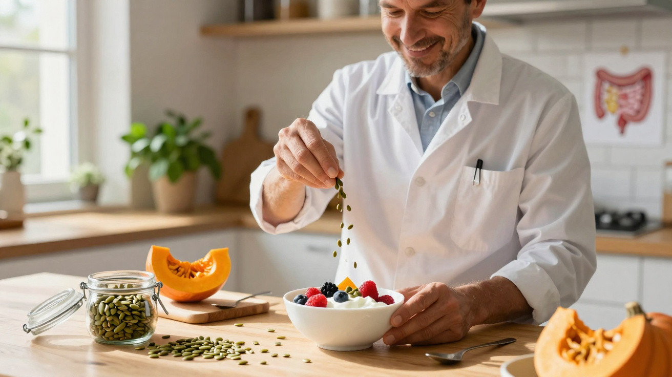 Homem com bata branca a polvilhar sementes numa taça de iogurte com frutas na cozinha.
