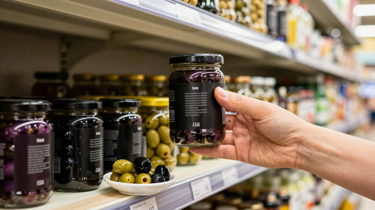 Pessoa a segurar um frasco de azeitonas pretas numa prateleira de supermercado com vários frascos de azeitonas.