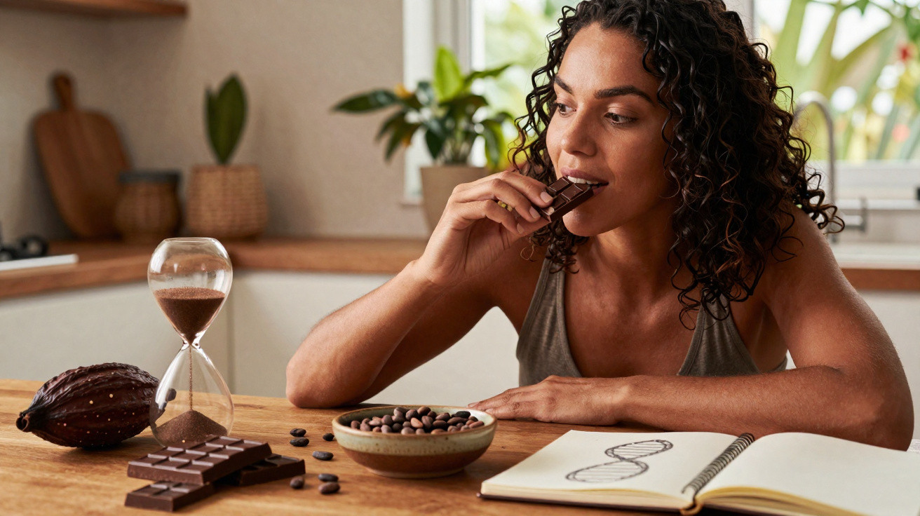 Mulher a comer chocolate sentada à mesa com grãos de cacau, bloco de notas e ampulheta ao lado.