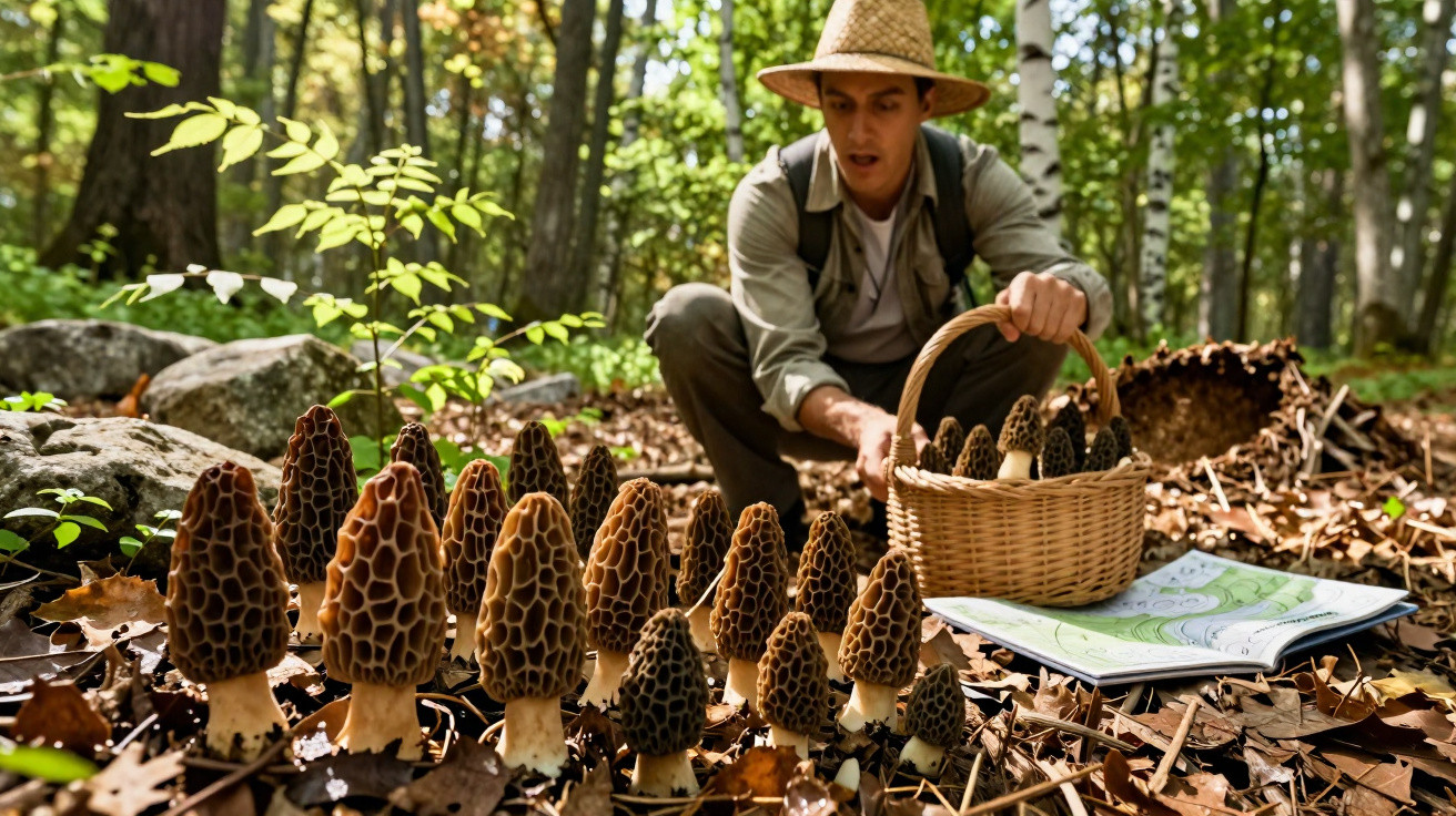 Homem com chapéu colhe cogumelos maisls com cestinho na floresta junto a mapa no chão.