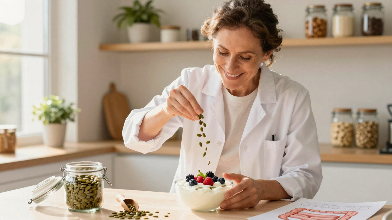 Mulher sorridente em bata branca a polvilhar sementes num iogurte com frutos vermelhos na cozinha.