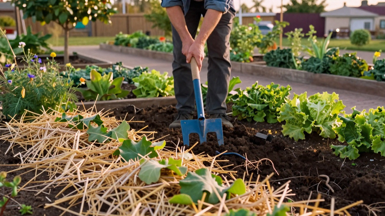 Pessoa a cultivar terra num jardim com diversos vegetais e plantas em canteiros elevados ao ar livre.