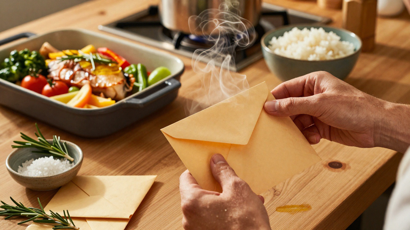Mãos a abrir um envelope a fumegar numa mesa com comida caseira, arroz, legumes e sal a acompanhar.