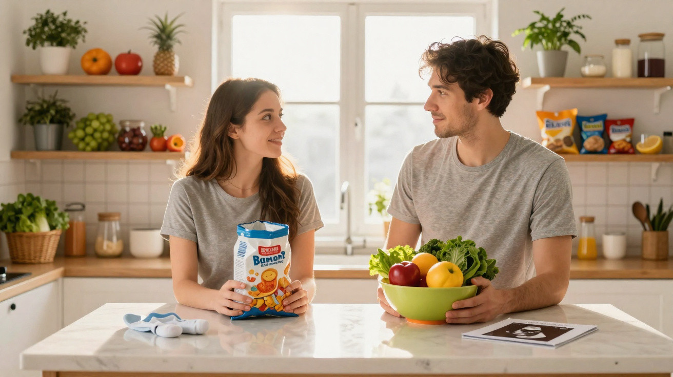 Casal jovem na cozinha, homem com taça de frutas e mulher com pacote de bolachas, sorrindo um para o outro.