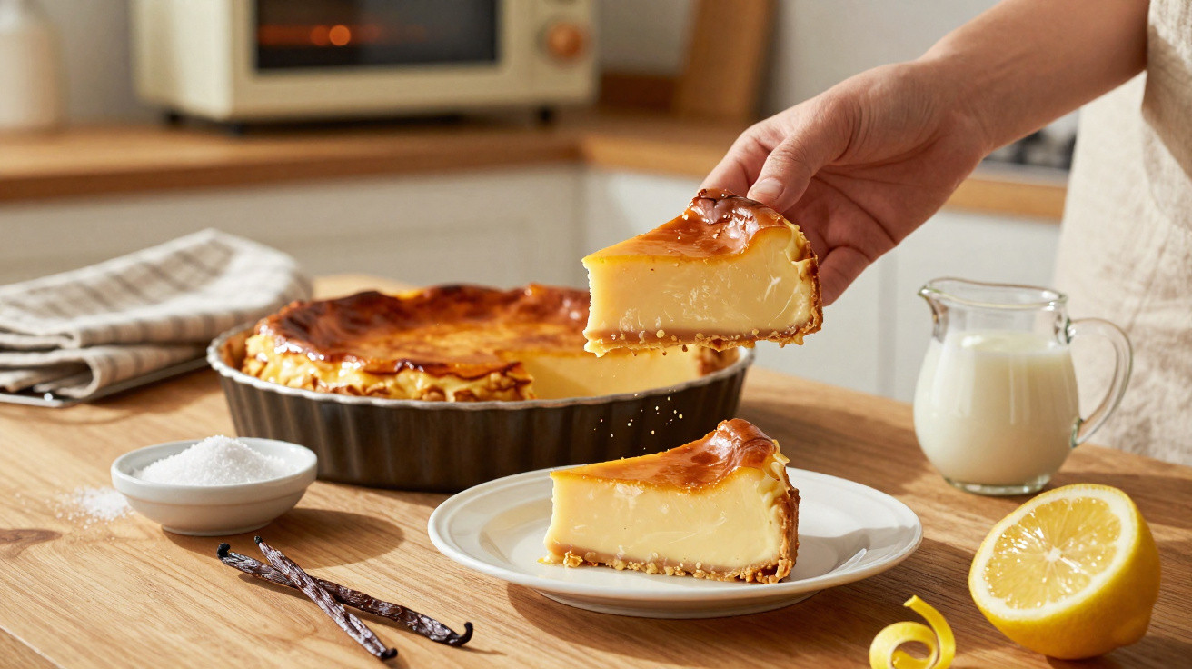 Fatia de tarte de leite creme a ser servida com limão, baunilha e açúcar em mesa de madeira.
