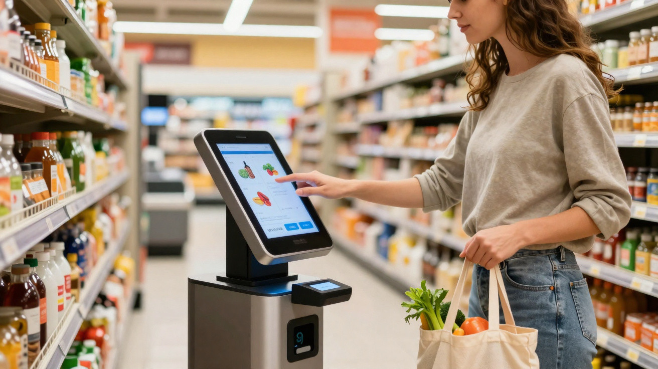 Mulher utiliza um ecrã táctil de autoatendimento num supermercado, com produtos nas prateleiras e uma sacola de compras.