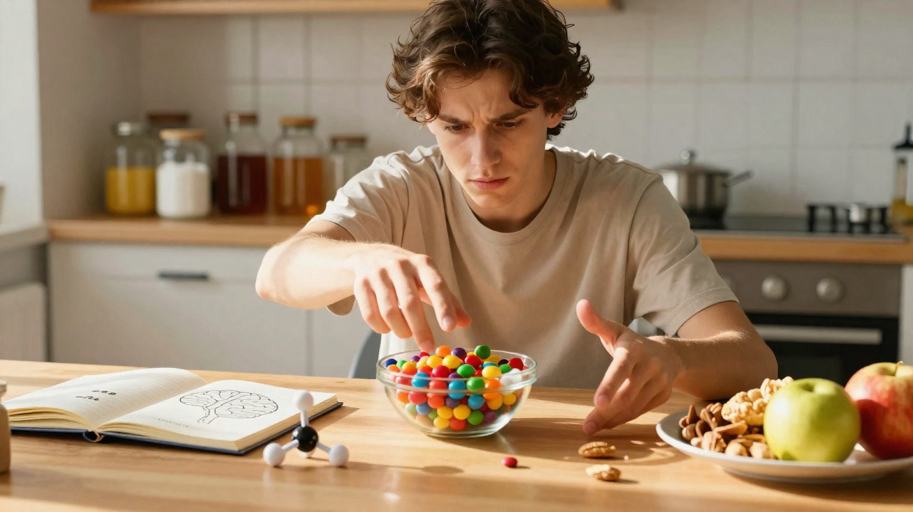 Jovem sentado à mesa a escolher entre um recipiente de rebuçados coloridos e frutos secos.