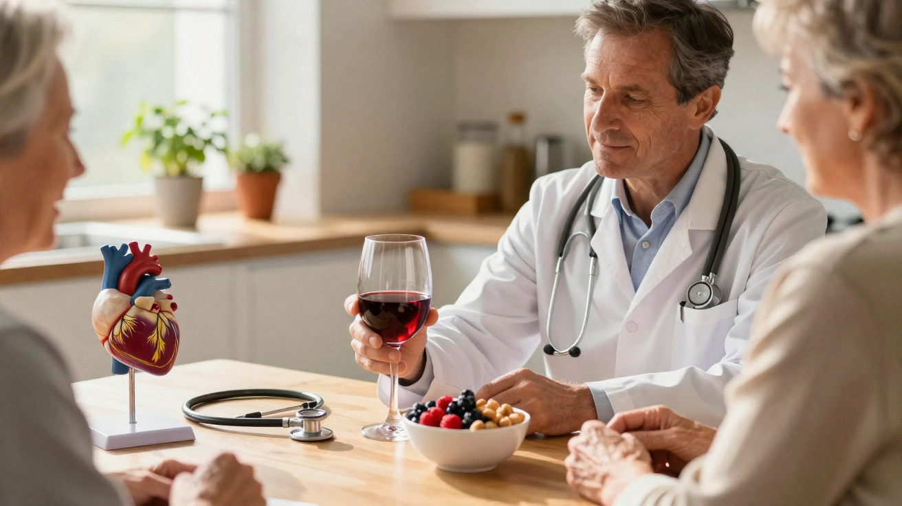 Médico com bata branca segura copo de vinho tinto sentado à mesa com casal idoso e modelo anatómico de coração.