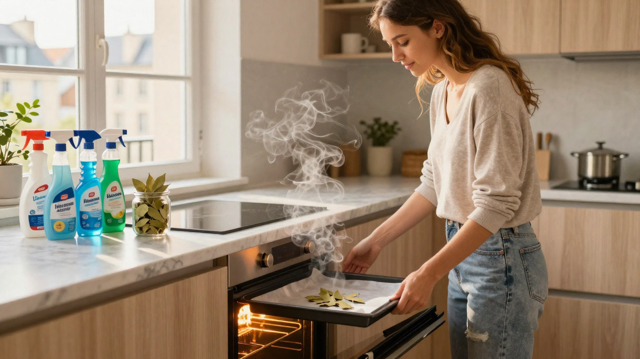 Mulher a cozinhar na cozinha, retirando tabuleiro a que sai vapor do forno moderno embutido.