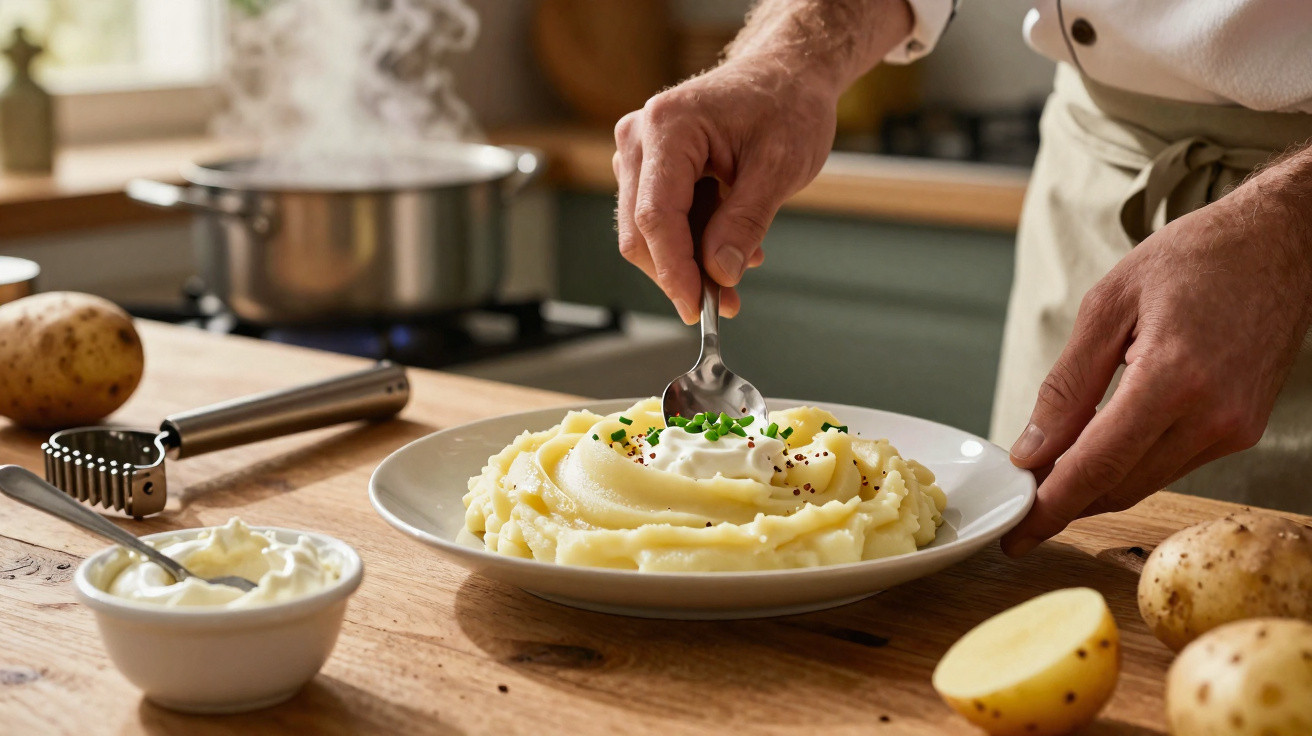 Chef a finalizar puré de batata com natas e cebolinho numa cozinha rústica.