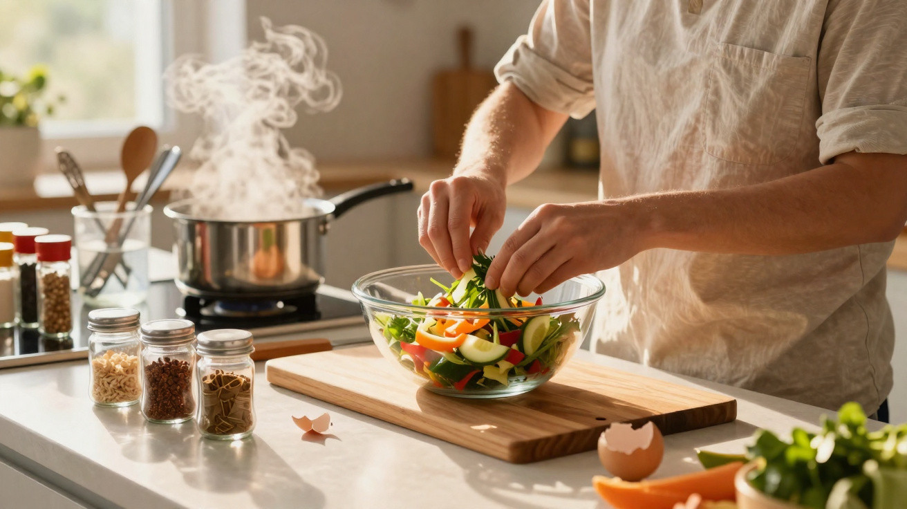 Pessoa a preparar salada com legumes frescos numa cozinha luminosa e moderna, com panela a ferver ao fundo.