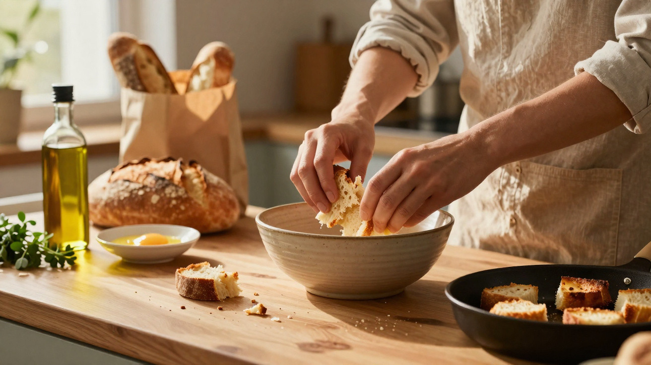 Pessoa a partir pão em pedaços dentro de uma taça, com pão, azeite e ovos numa bancada de cozinha.