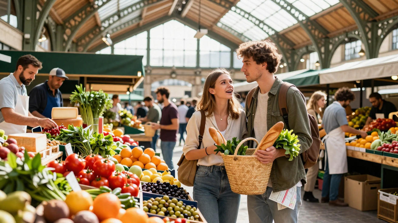 Casal jovem a fazer compras num mercado coberto, rodeado de bancas com frutas e legumes frescos.