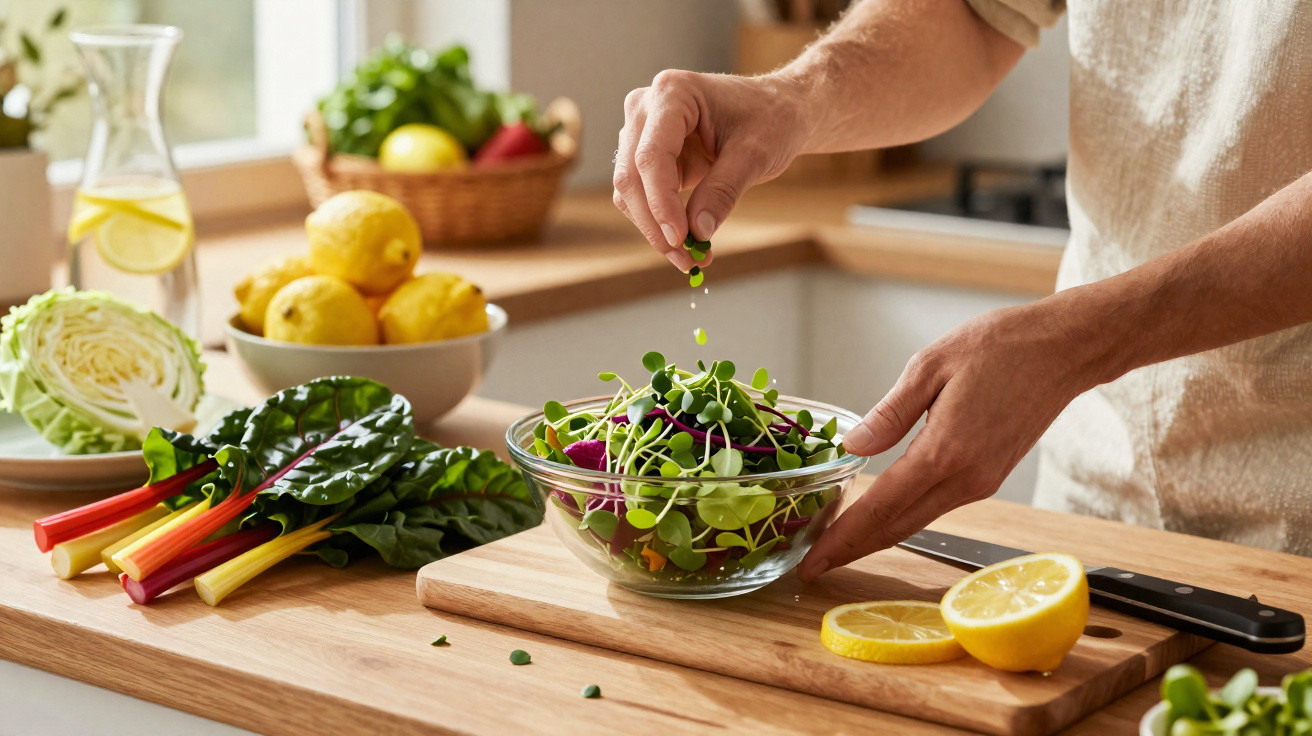 Pessoa a temperar uma salada fresca com brotos verdes numa cozinha iluminada, com limões e legumes ao fundo.