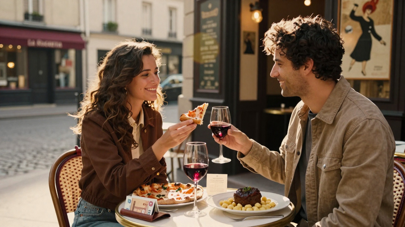 Casal sorridente a jantar numa esplanada, com pizza, vinho tinto e prato de carne com massa.