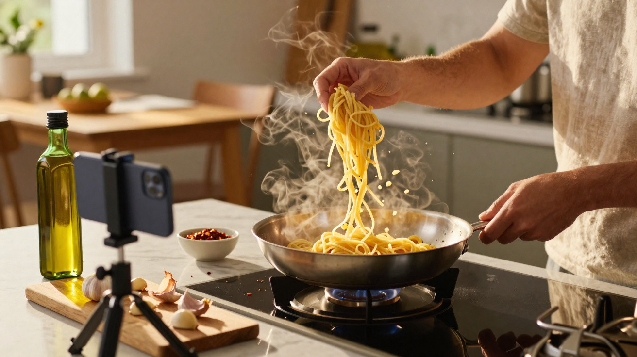 Pessoa a cozinhar esparguete numa frigideira com vapor a sair e ingredientes numa bancada próxima.