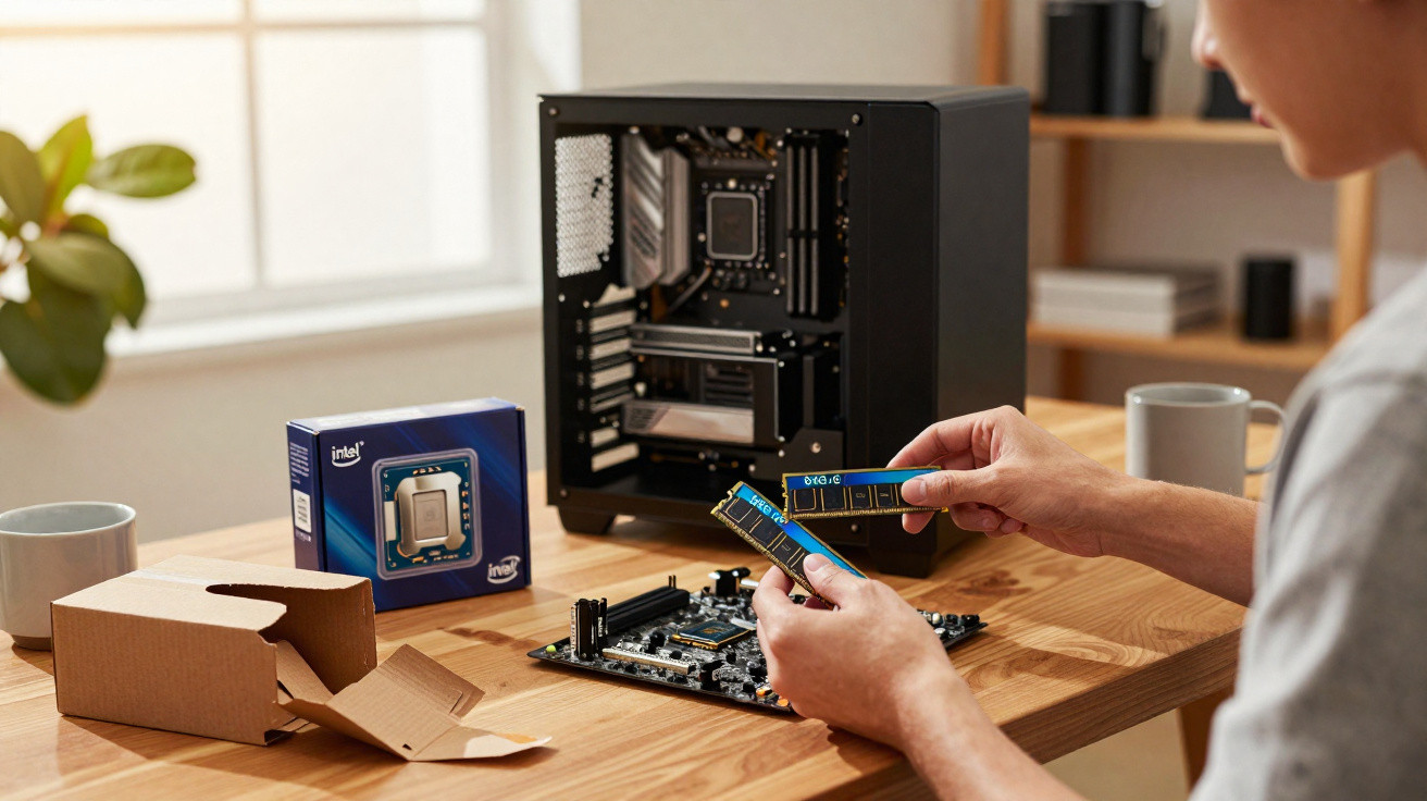 Pessoa a instalar memória RAM numa motherboard com embalagem de processador Intel na mesa.