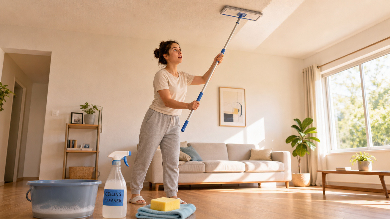 Mulher a limpar o teto da sala com esfregona, com produtos de limpeza no chão e luz natural na janela.