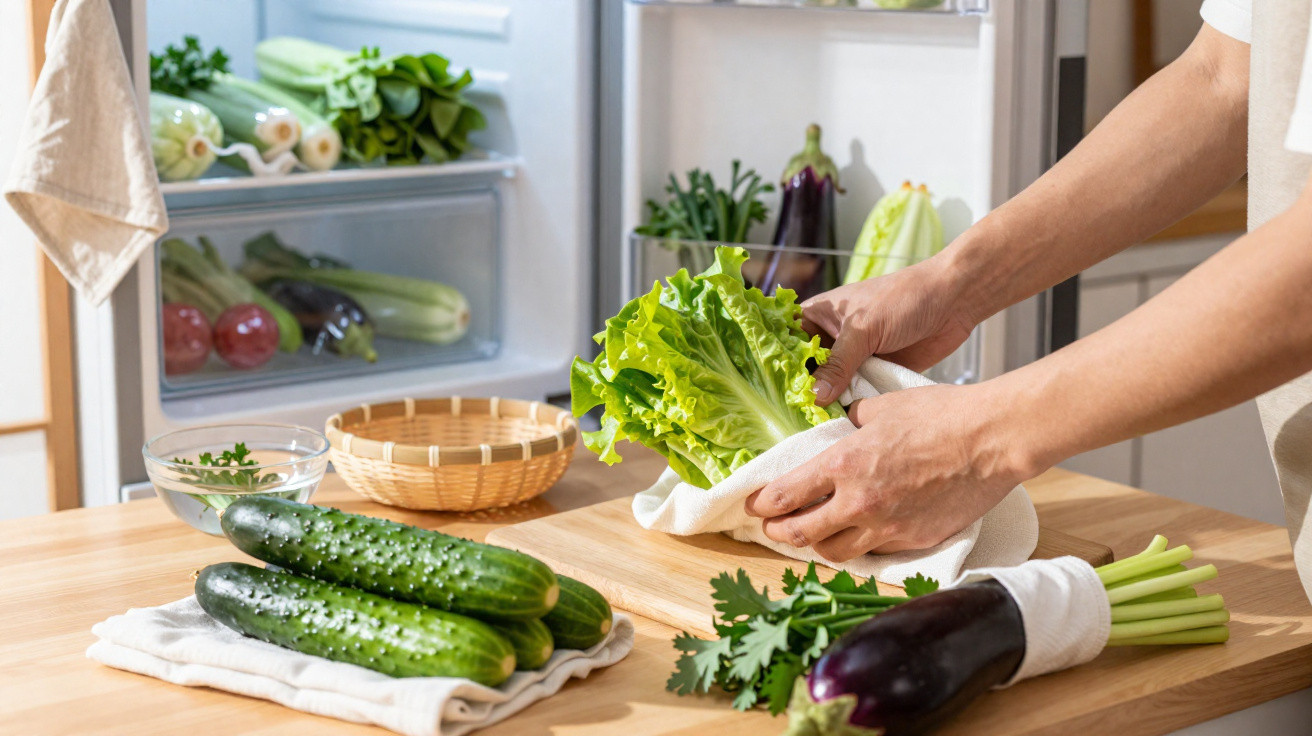 Pessoa a secar alface com pano, legumes frescos numa bancada e frigorífico aberto com vegetais.