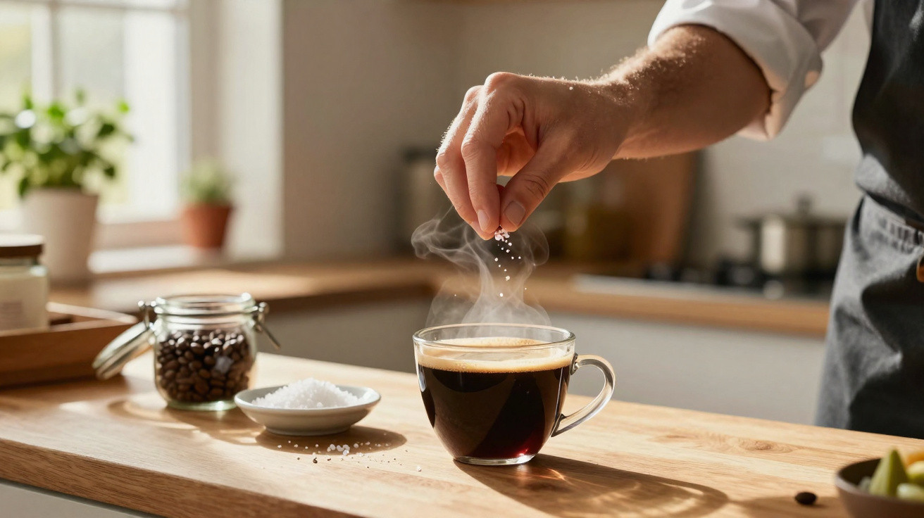 Mão a salpicar açúcar no café quente numa chávena transparente numa cozinha iluminada a luz natural.