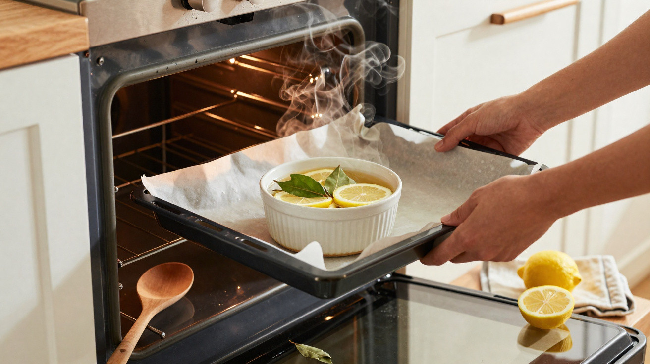 Pessoa a colocar no forno tigela com fatias de limão e folhas aromáticas, libertando vapor quente.