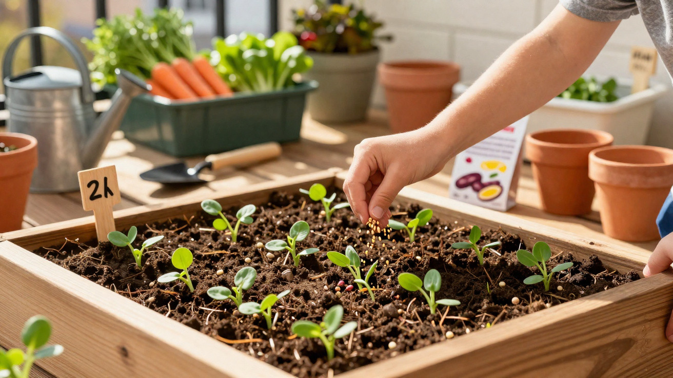 Pessoa a semear sementes numa cama de planta com rebentos, com legumes e utensílios de jardinagem ao fundo.