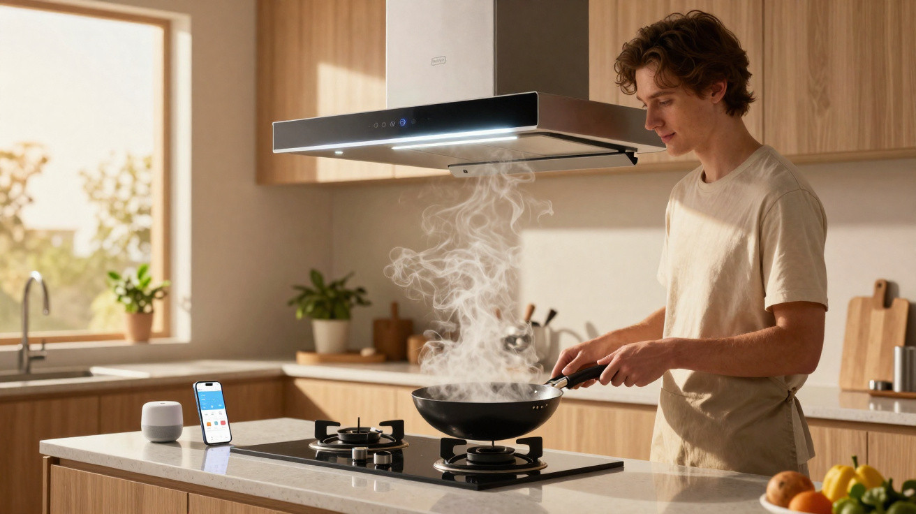 Jovem a cozinhar com frigideira numa cozinha moderna, junto a um fogão a gás e exaustor ligado.