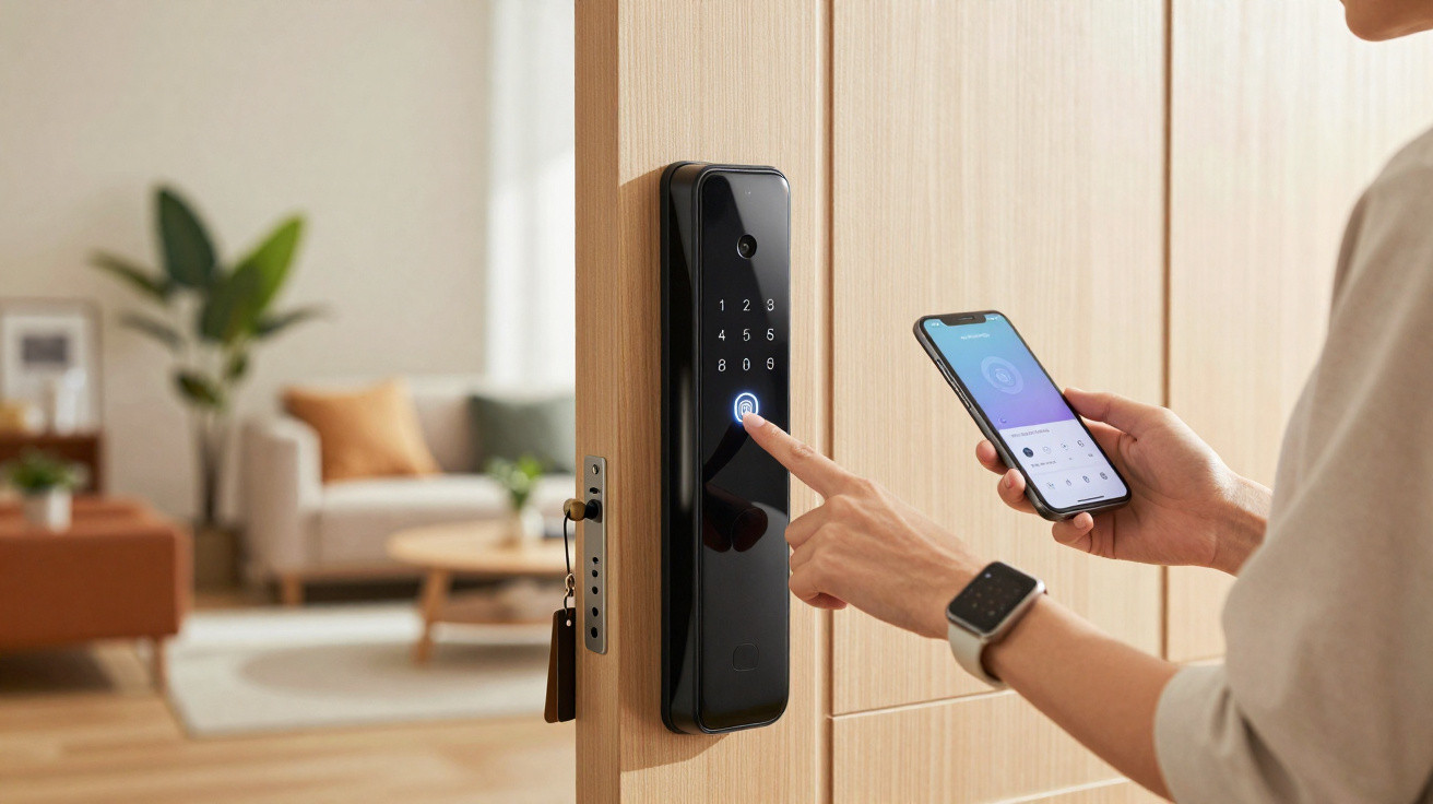 Pessoa a usar fechadura digital na porta com aplicação móvel para controlar o acesso à casa.