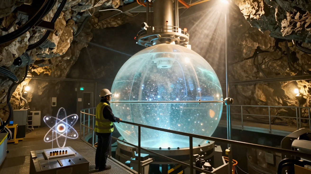 Interior de laboratório subterrâneo com cientista a observar esfera luminosa que simula o universo.