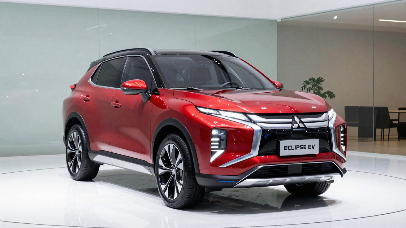 Carro elétrico vermelho Mitsubishi Eclipse EV estacionado em espaço interior moderno e luminoso.