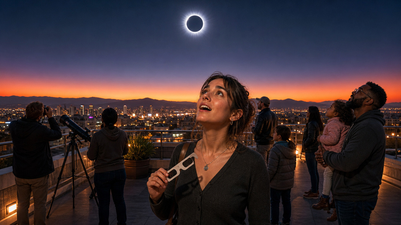 Pessoas num terraço a observar o eclipse solar total ao pôr do sol numa cidade iluminada.