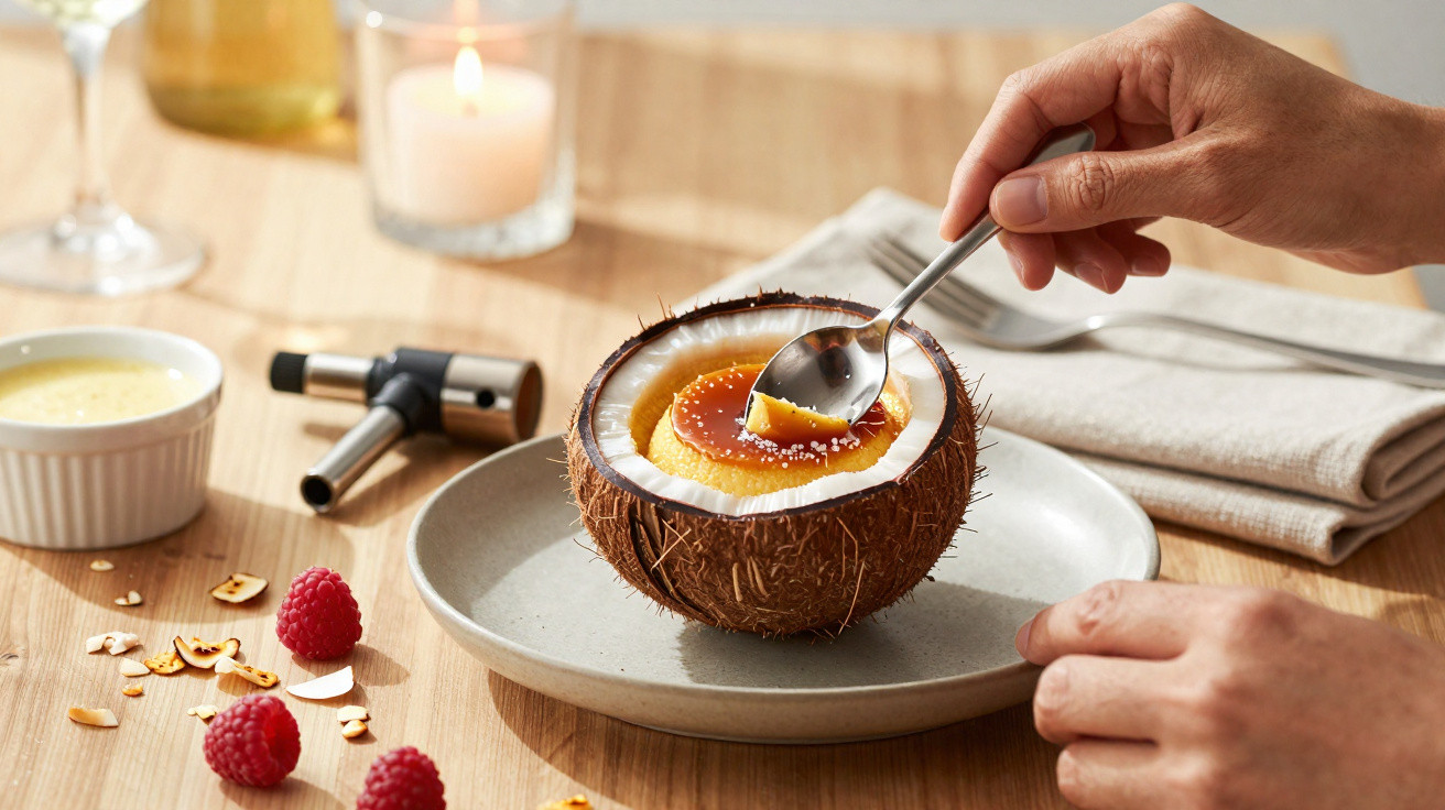 Pessoa a provar uma sobremesa cremosa servida dentro de um coco partido ao meio numa mesa de madeira.