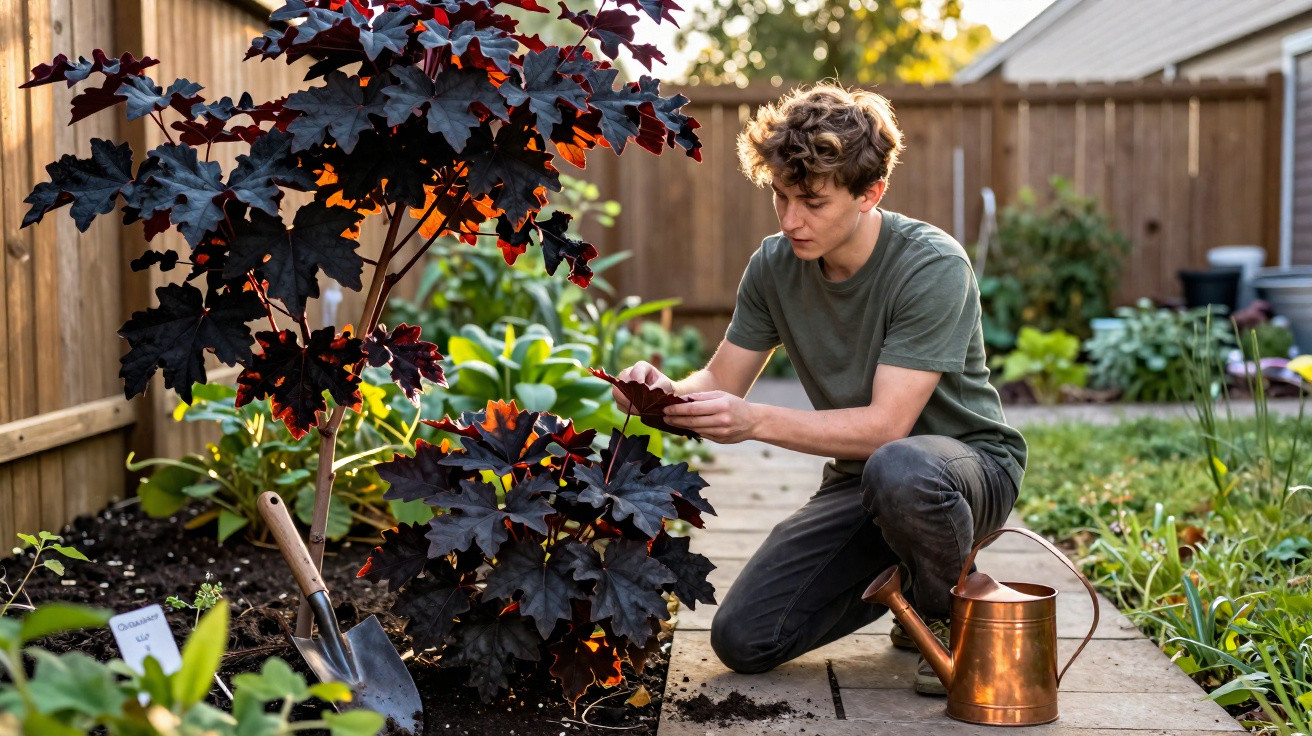 Jovem a cuidar de planta com folhas escuras num jardim, com regador de metal ao lado.